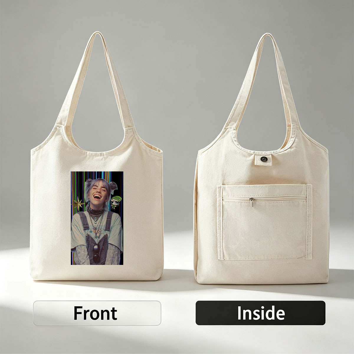 Billie Eilish Laughing in Overalls with Colorful Background and Cartoon Character Overlay - Canvas shoulder bags/