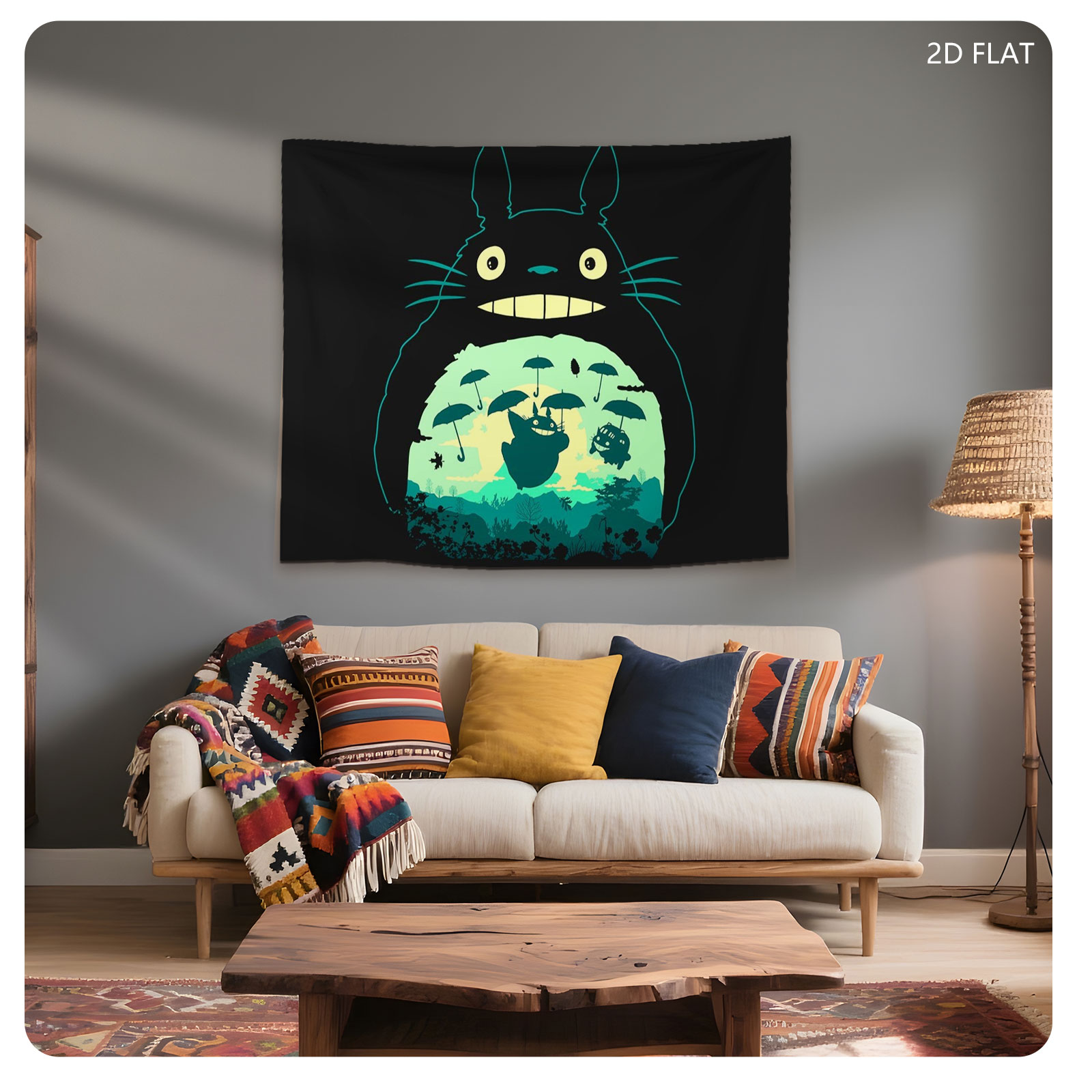 Totoro and Friends Under Umbrellas in a Magical Forest Scene - Tapestry