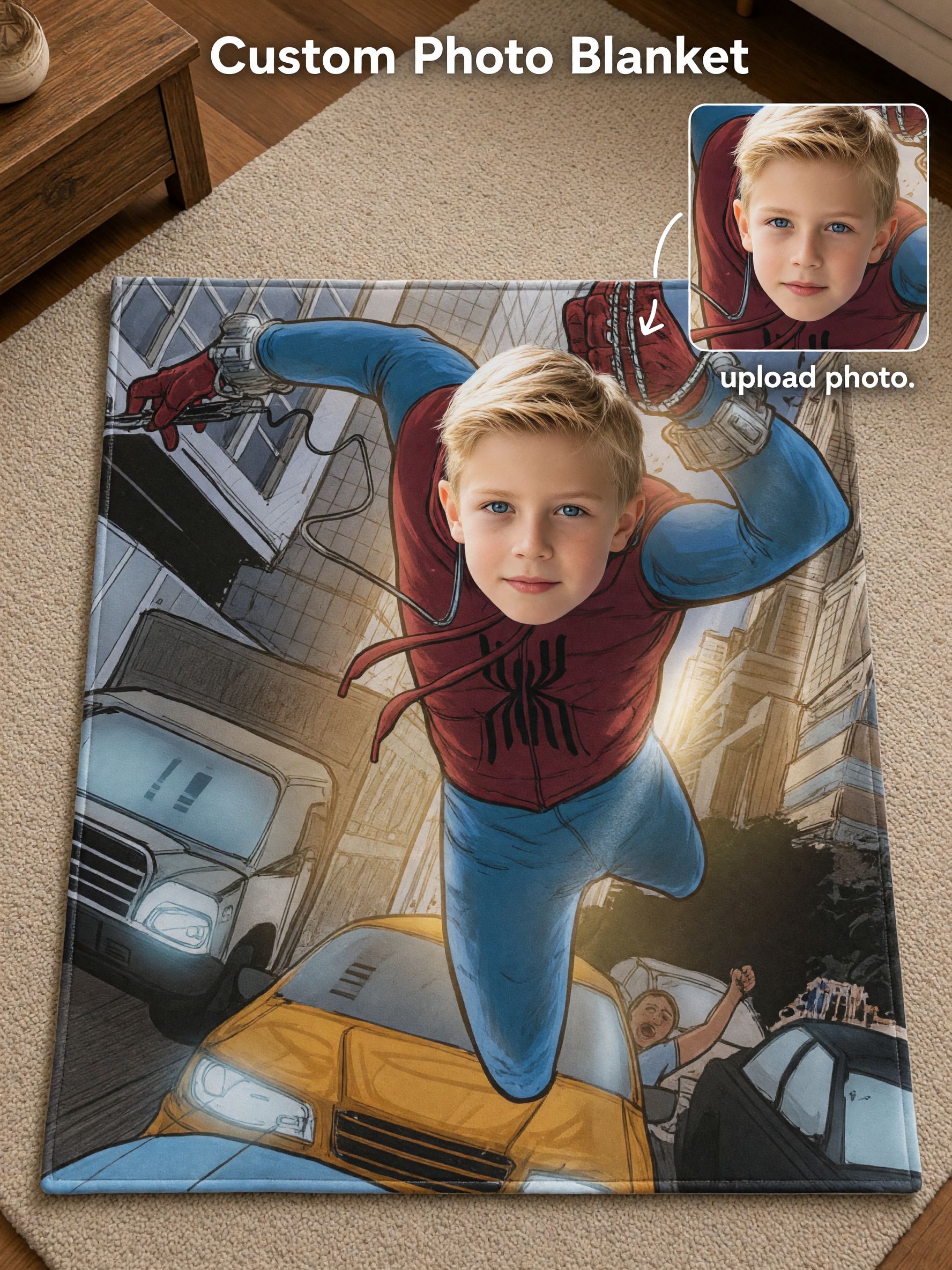 Custom Photo Face Superhero Flannel Blanket, Ultra Soft Fleece Throw for Kids Bed and Sofa, Personalized Gift