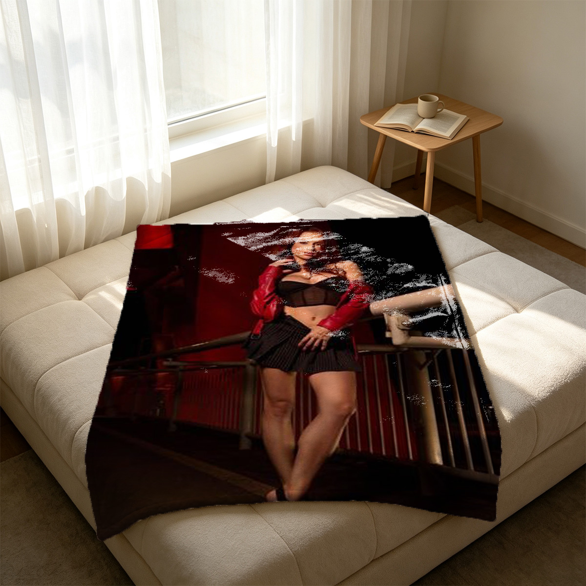 Blonde in orange fishnet bodysuit and black corset playing pool with tongue out. - Blanket