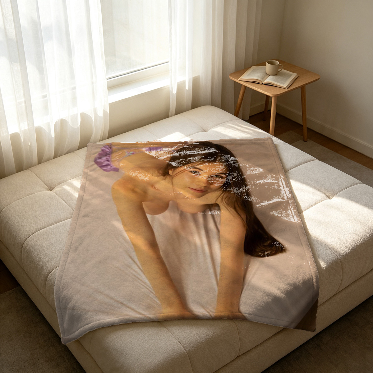 Japanese Schoolgirl in Pink Sailor Uniform on Couch - Blanket