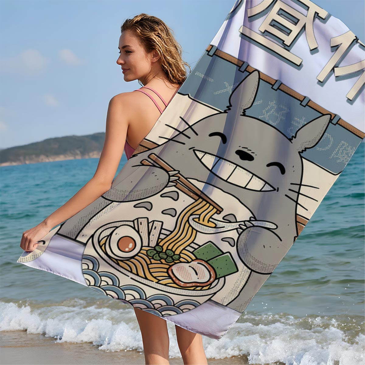 Totoro Enjoying Ramen at a Noodle Shop - Beach towels