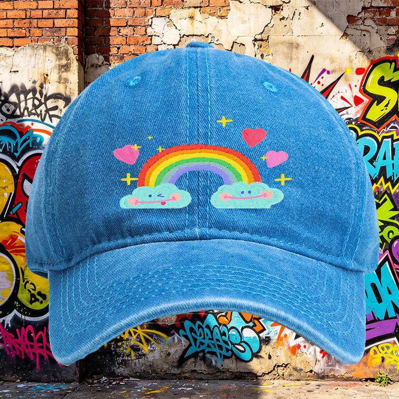 Unisex Classic Washed Cap with Rainbow Clouds and Hearts Print - Perfect for Casual Outings, Travel, and Daily Wear - Ideal for Teens and Adults Who Love Fun, Whimsical Designs