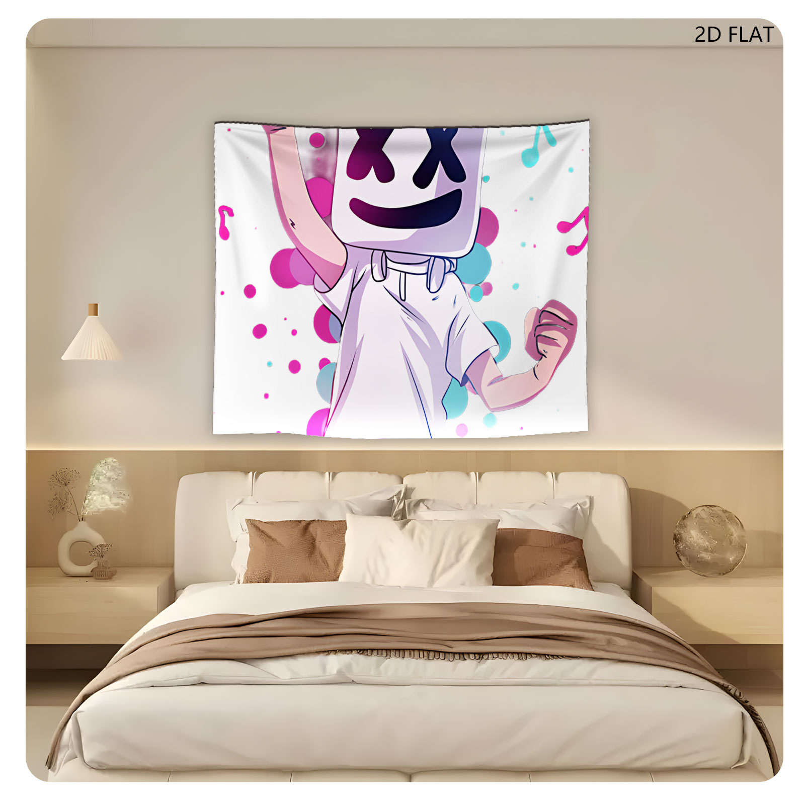 Marshmello Performing with Microphone, Music Notes, and Colorful Background - Tapestry