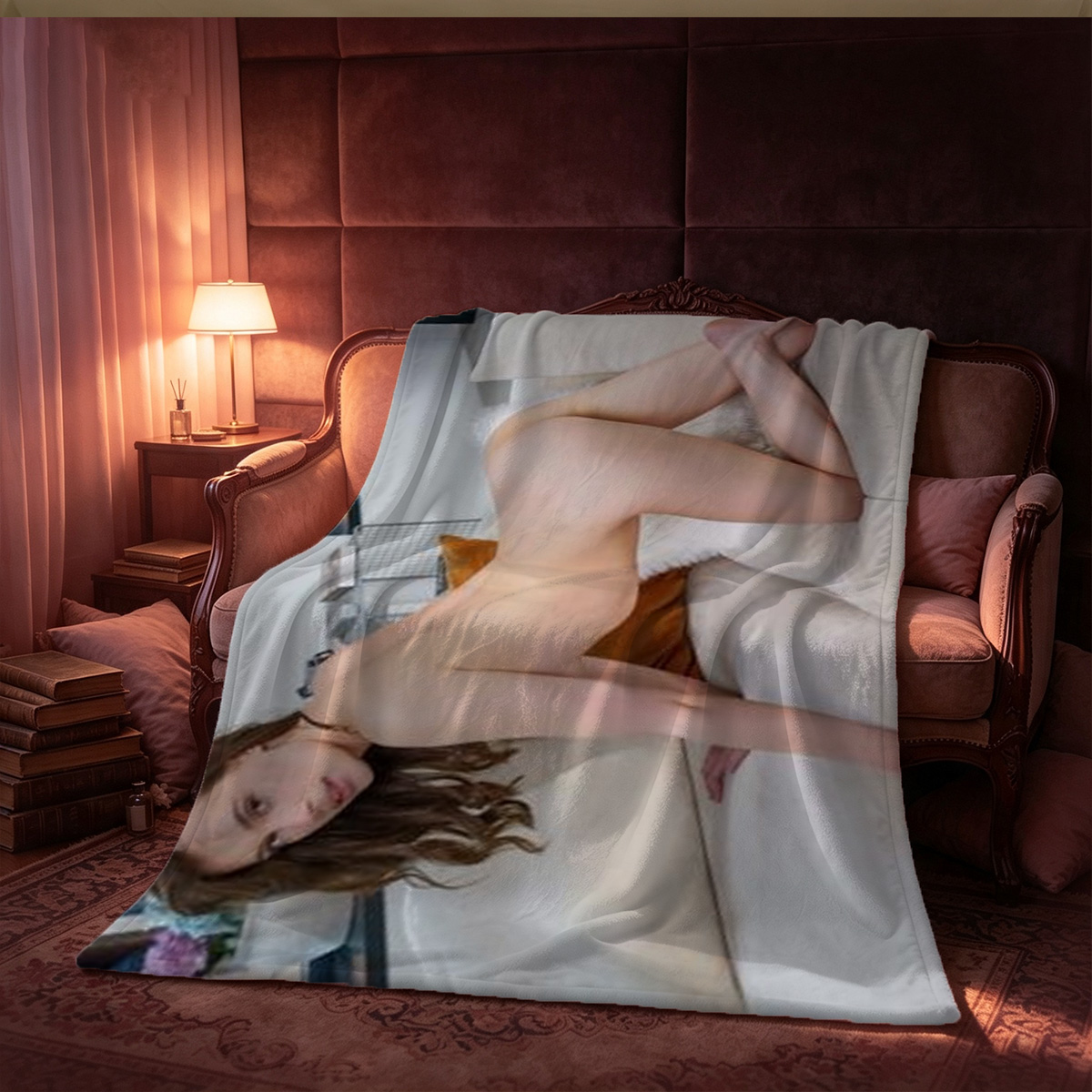 Nude Japanese Woman in Pearl Thong and Getas on Bed - Blanket