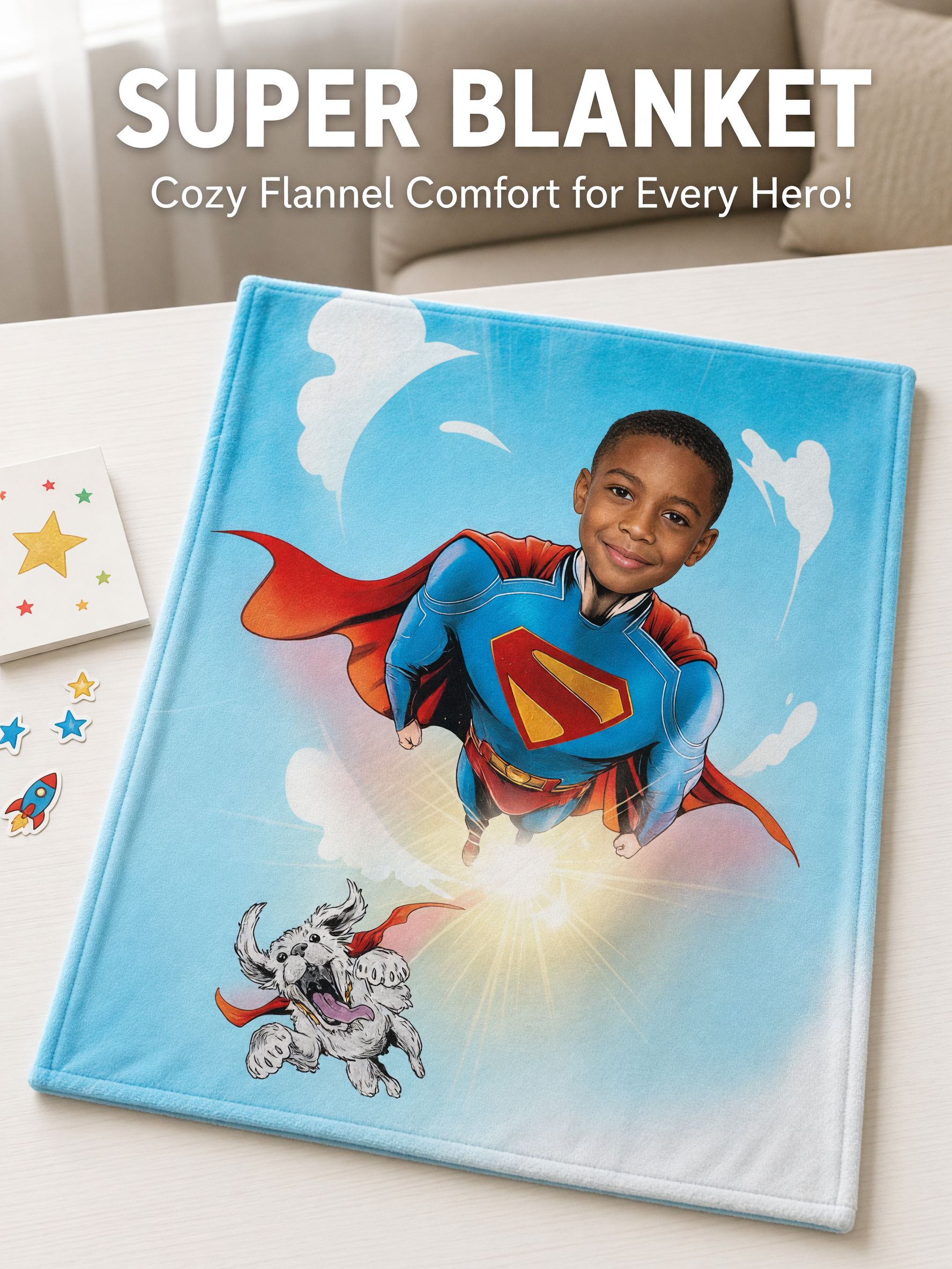 Custom Photo Superhero Flannel Blanket, Personalized Face Hero Fleece Throw, Warm Keepsake Gift for Kids and Family
