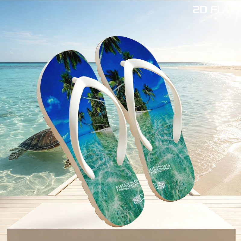 Crystal clear waters and swaying palms on a tropical paradise island under a vibrant blue sky. -  flip-flops