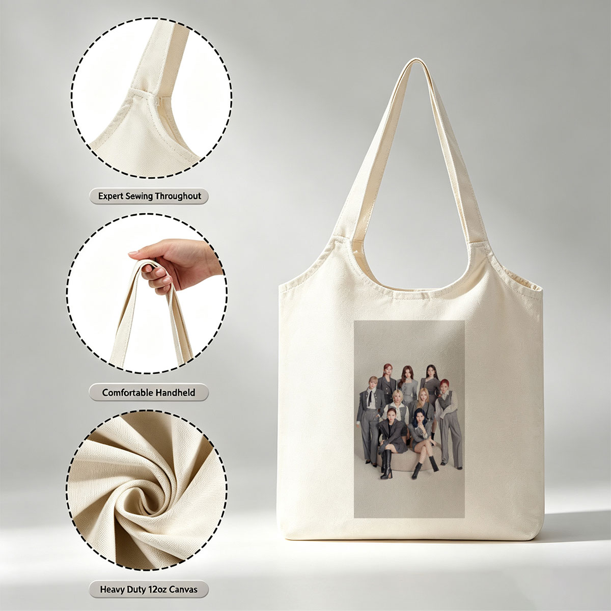 Twice Group in Stylish Gray Suits Posed on a Minimalist Set - Canvas shoulder bags/