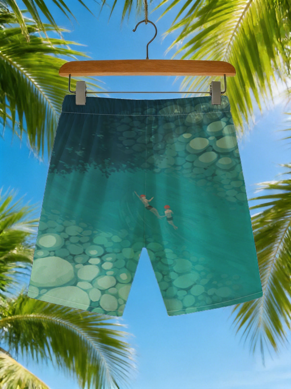 Two swimmers glide through a serene, rocky underwater tunnel. -  Beach shorts