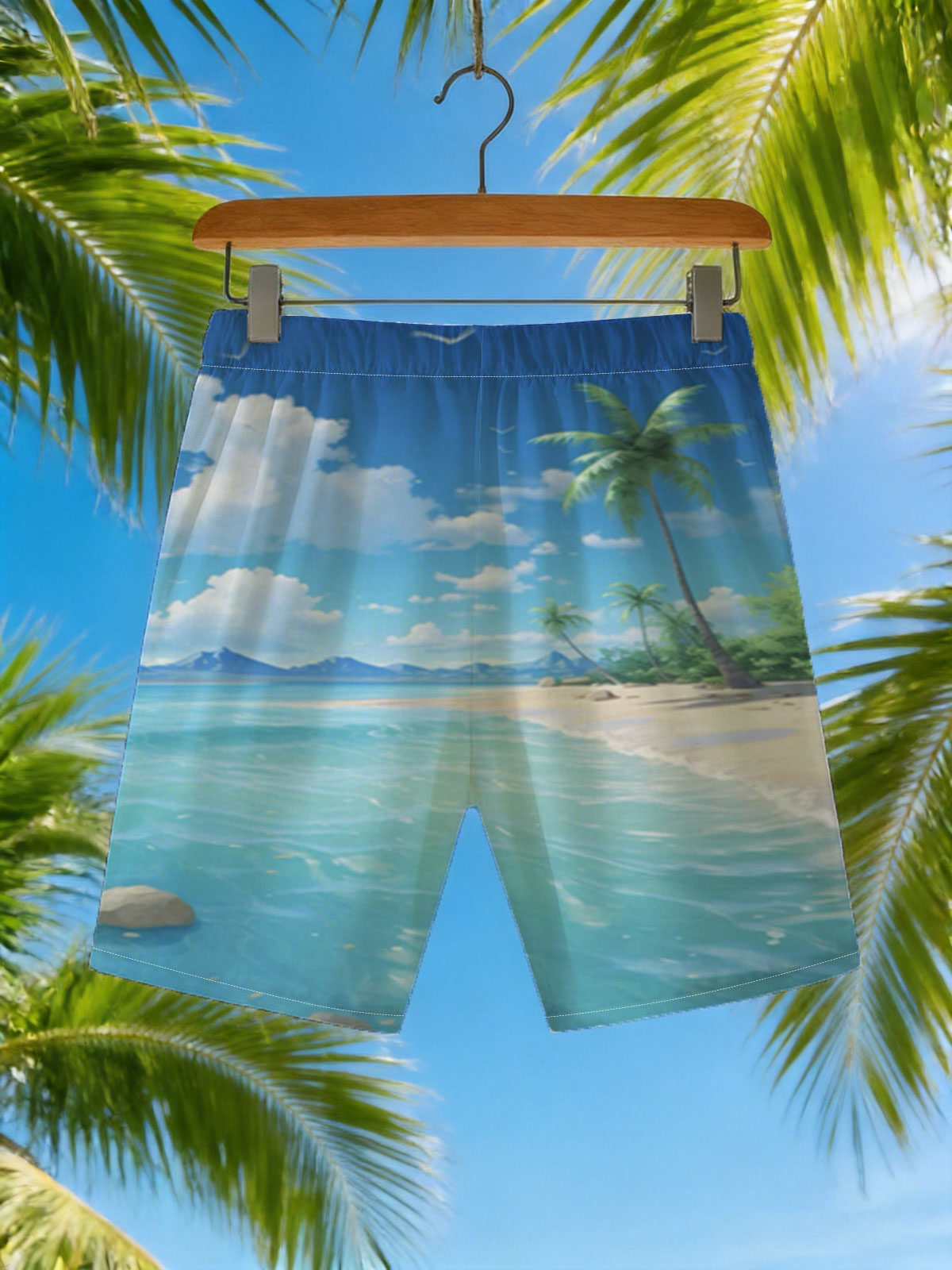 Tropical Beach with Palm Trees and Clear Blue Water -  Beach shorts