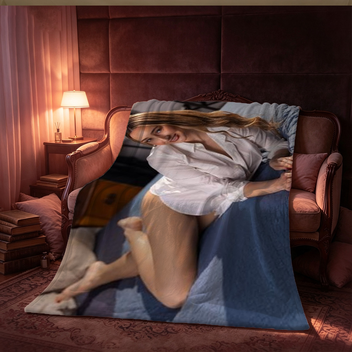 Nude Japanese woman curled up on tatami mat. - Blanket