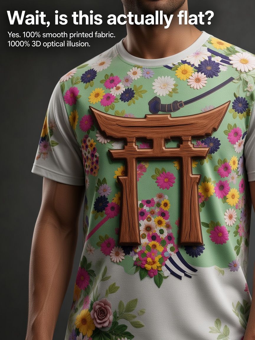 Japanese Floral Torii Gate 3D Optical Illusion Graphic Tee Breathable Athletic Mesh T-Shirt Casual Sports Wear