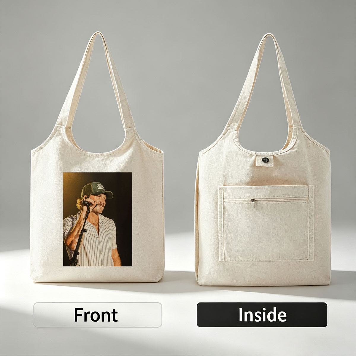 Luke Bryan Performing on Stage with Microphone and Hat - Canvas shoulder bags/