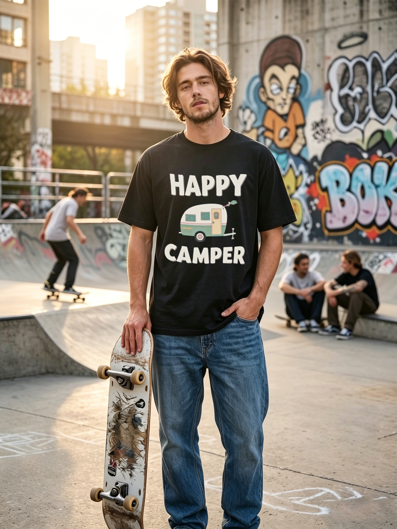 Men's Happy Camper Print T-Shirt with Vintage RV Graphic and Fun Text, Casual Round Neck Lightweight Breathable Summer Short Sleeve Tee for Outdoor Adventures, Camping Enthusiasts, Travel Lovers and Nature Seekers