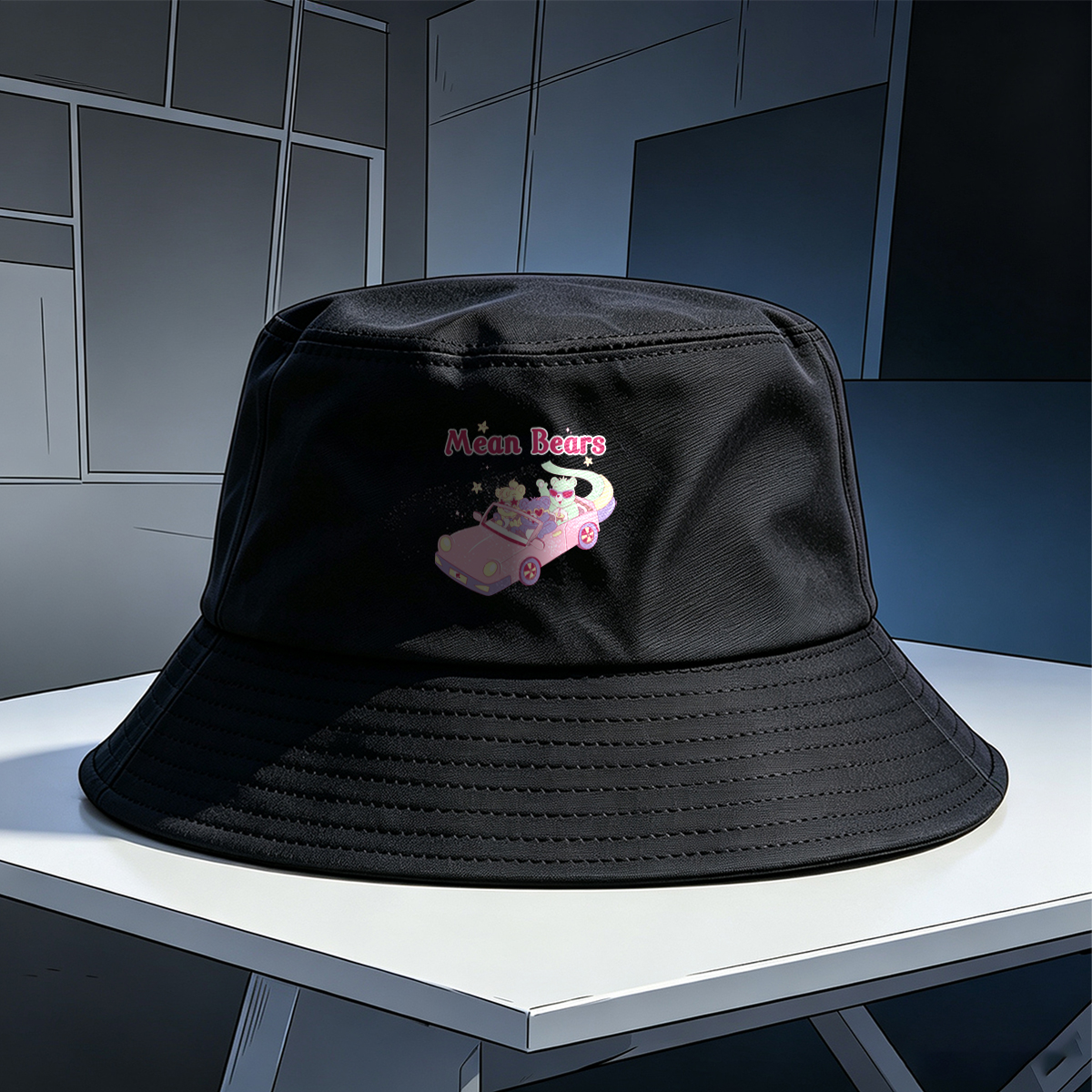 Mean Bears in a Pink Car with Three Cute Characters - Fisherman's Hat