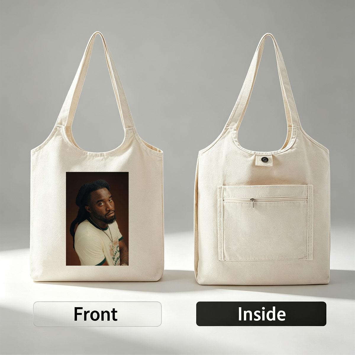 Burna Boy in a Stylish Portrait Wearing a White T-Shirt and Beaded Necklace - Canvas shoulder bags/