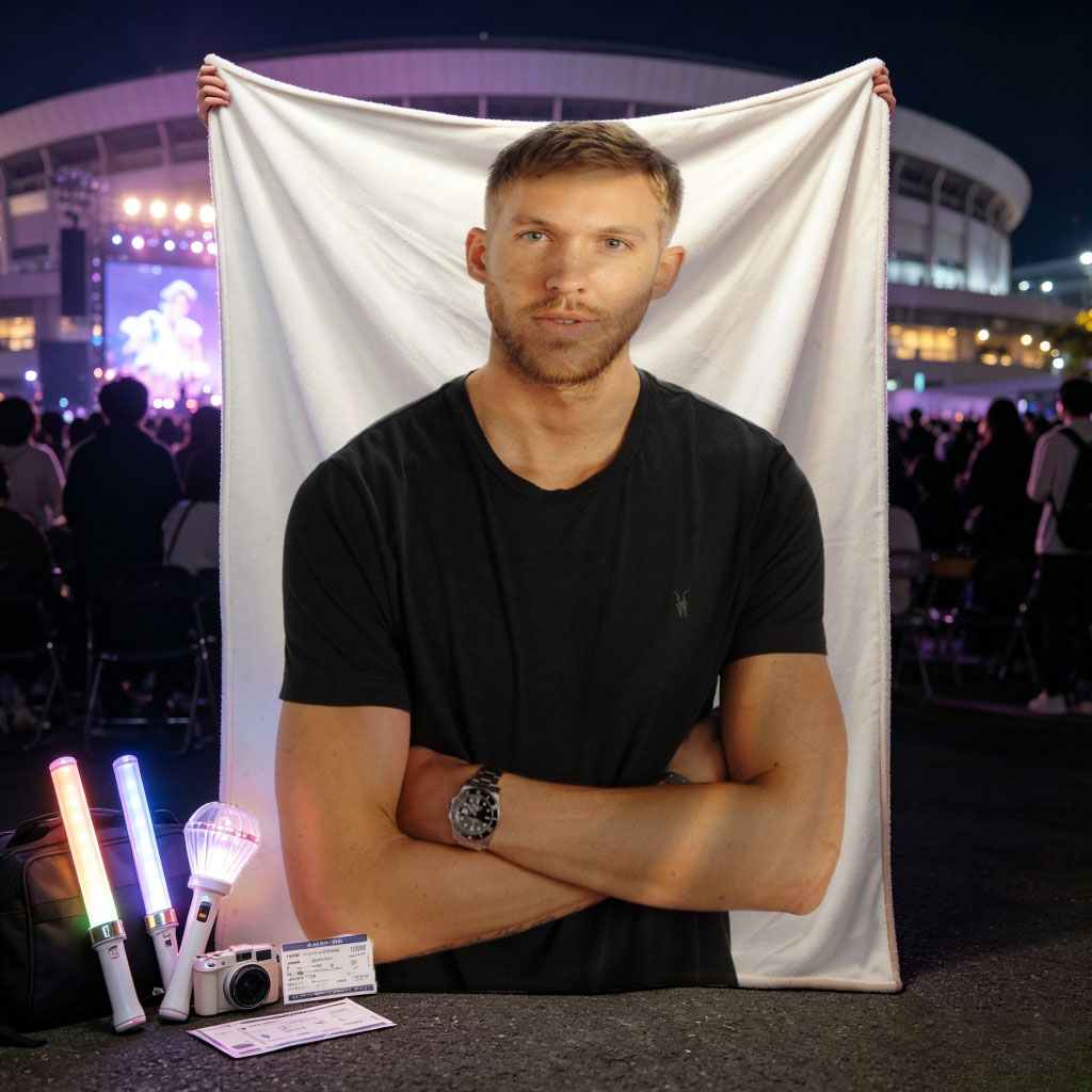 Calvin Harris Standing with Arms Crossed in Black T-Shirt Against White Background - Blankets
