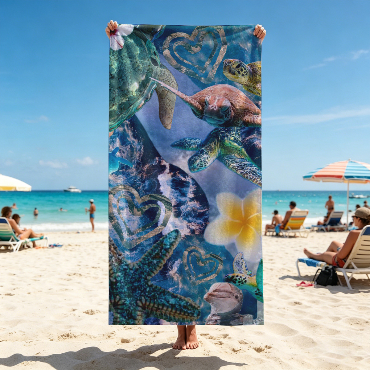 Turtles, stars, and flowers in a heart-filled ocean scene - Beach towels