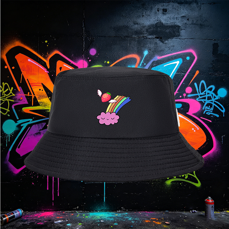 Unisex Bucket Hat with Strawberry Wings and Rainbow Cloud Print - Classic Adjustable Sun Hat for Outdoor Activities, Perfect for Teens and Young Adults Seeking Fun and Fashionable Headwear