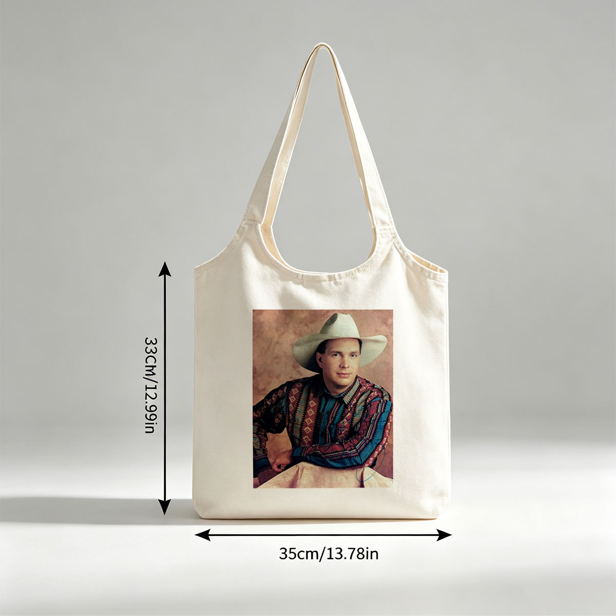 Garth Brook in Cowboy Attire with Colorful Patterned Shirt and White Hat - Canvas shoulder bags/