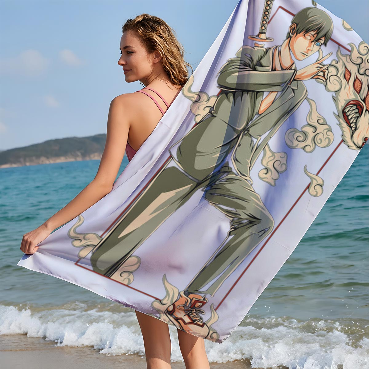 Anime Character with Sword and Fox Spirit, Stylish Suit and Sneakers - Beach towels