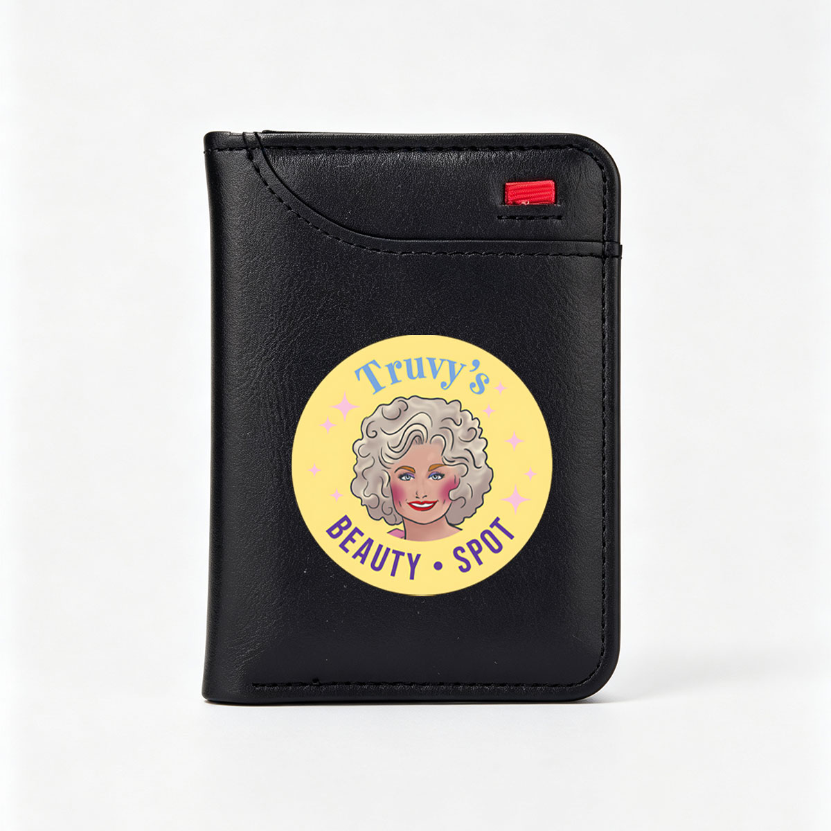 Truy's Beauty Spot: A Vibrant Logo Featuring a Stylish Character with Curly Hair and Sparkling Stars - Vertical Style Wallet