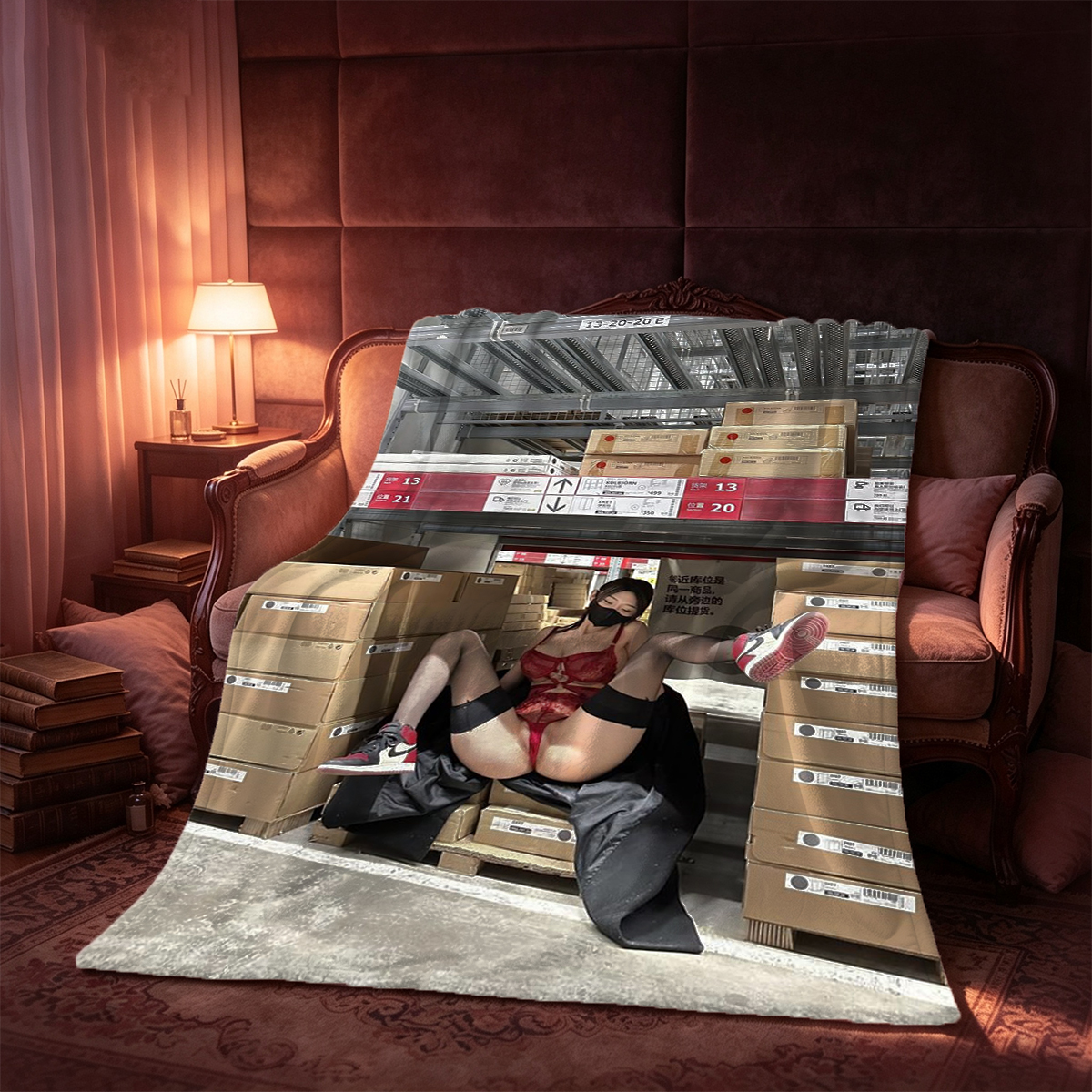 Nude Model with Pillow on Tan Sofa - Blanket