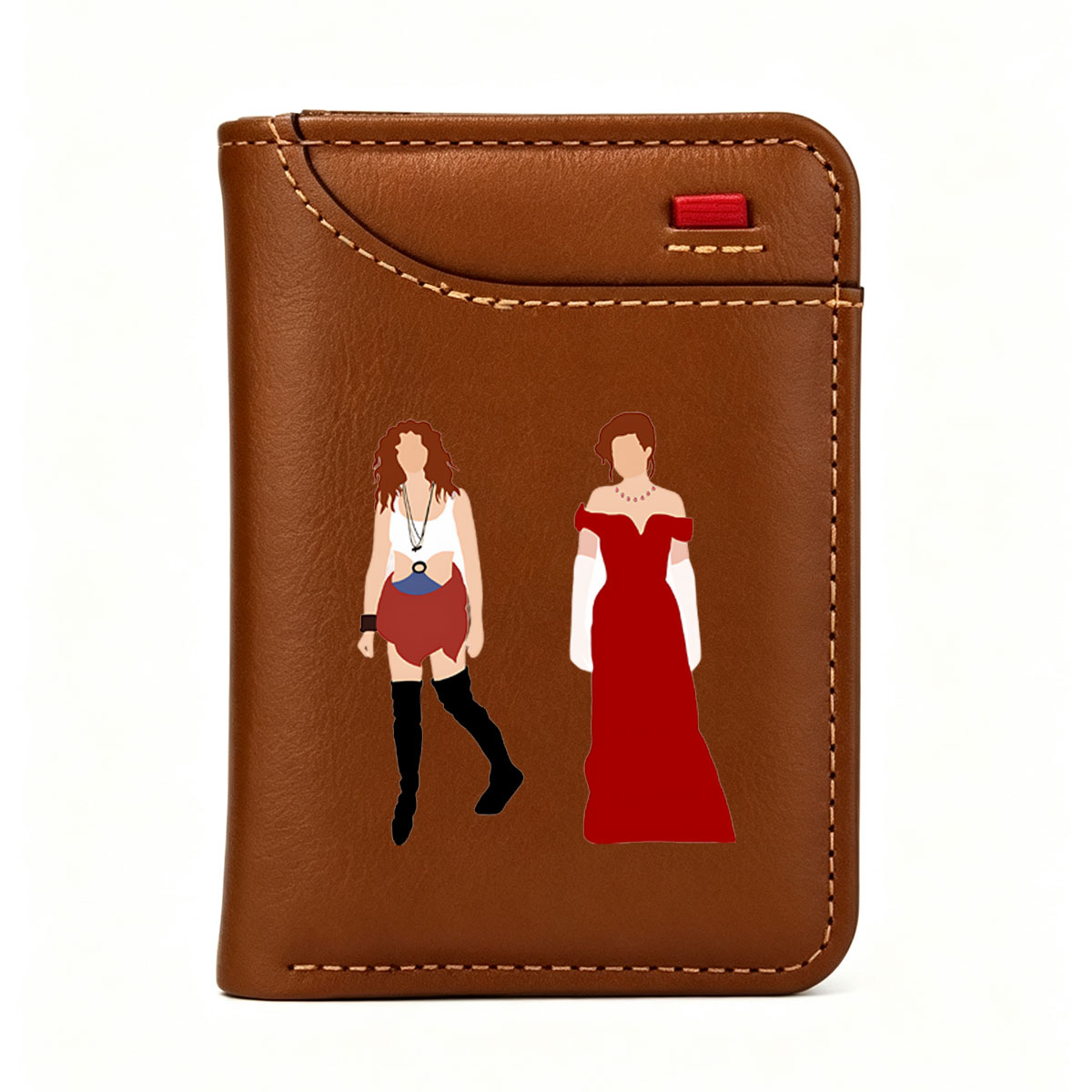 Two Women in Red Outfits: One in Casual Wear, One in Formal Gown - Vertical Style Wallet