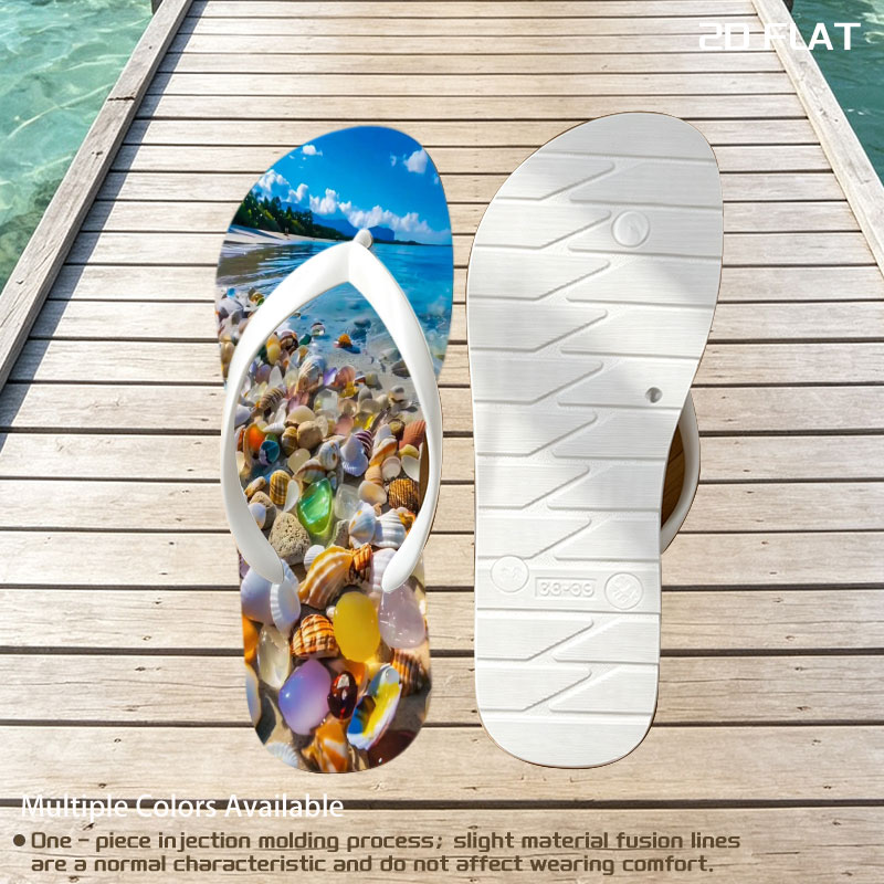 Colorful seashells on a tropical beach with clear blue water and sky. -  flip-flops