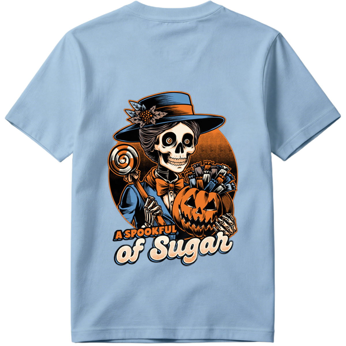 A Spookful of Sugar: Skeleton Lady with Pumpkin and Candy - Tee