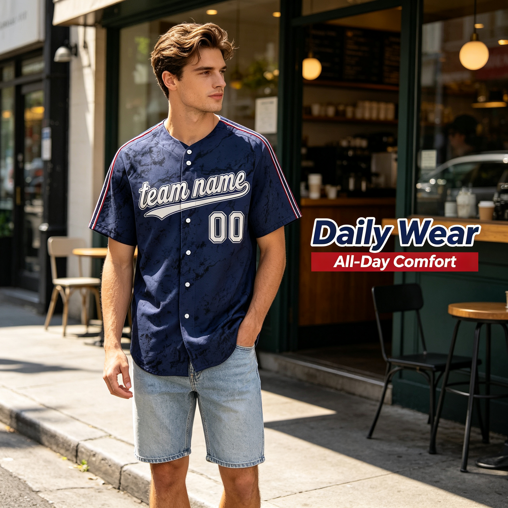 Custom Printed Cleveland City Style Baseball Jersey Heather Navy Textured Button Down Shirt for Men and Women
