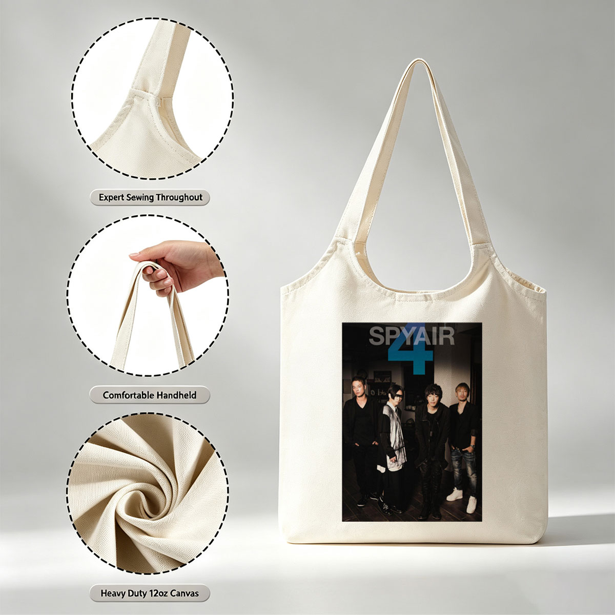 SPYAIR Band Members Standing in a Dimly Lit Room with Bold Number 4 and Band Name Overlay - Canvas shoulder bags/
