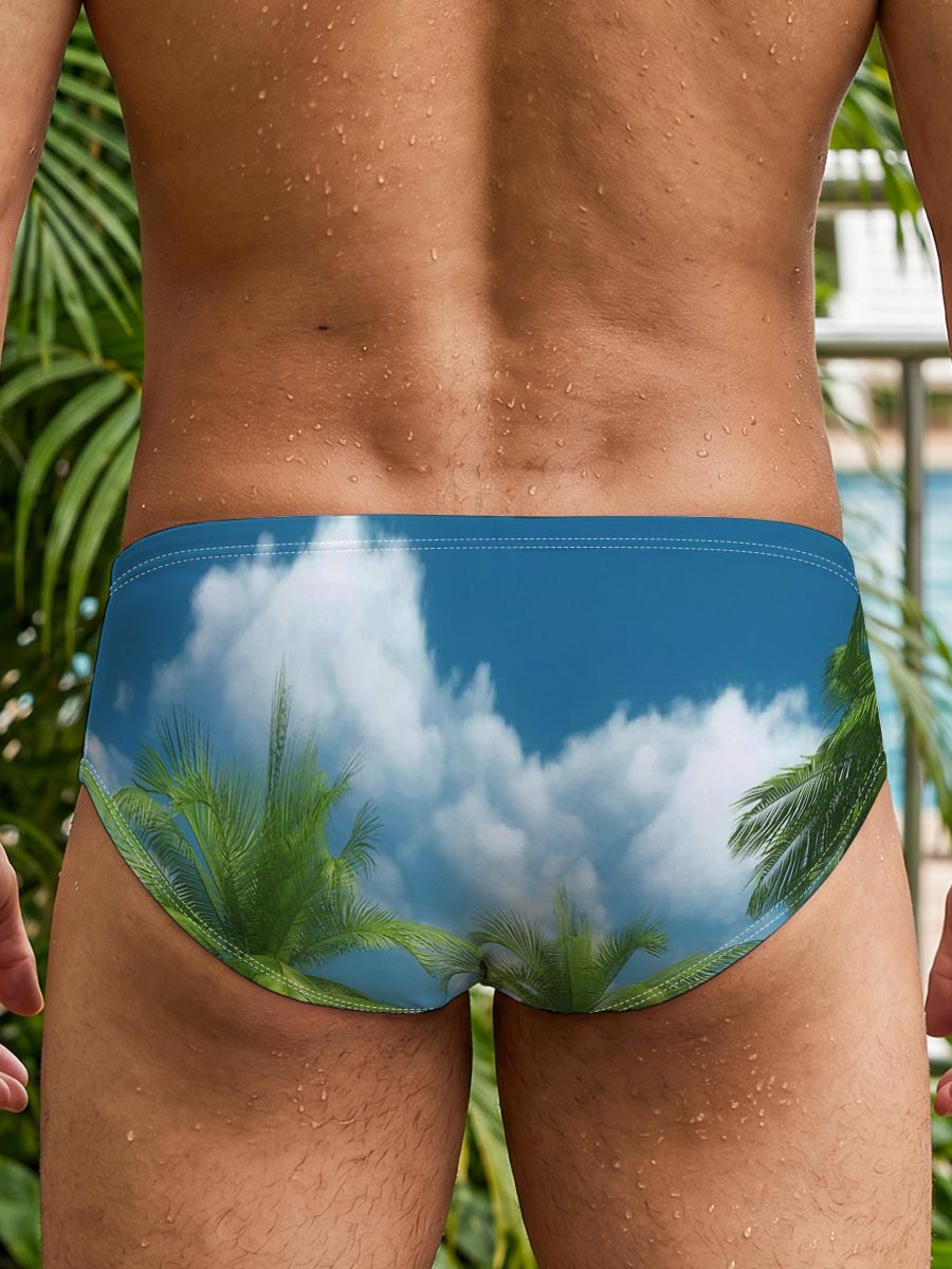 Tropical Beach with Palm Trees and Clear Blue Sky -  Men's swim trunks
