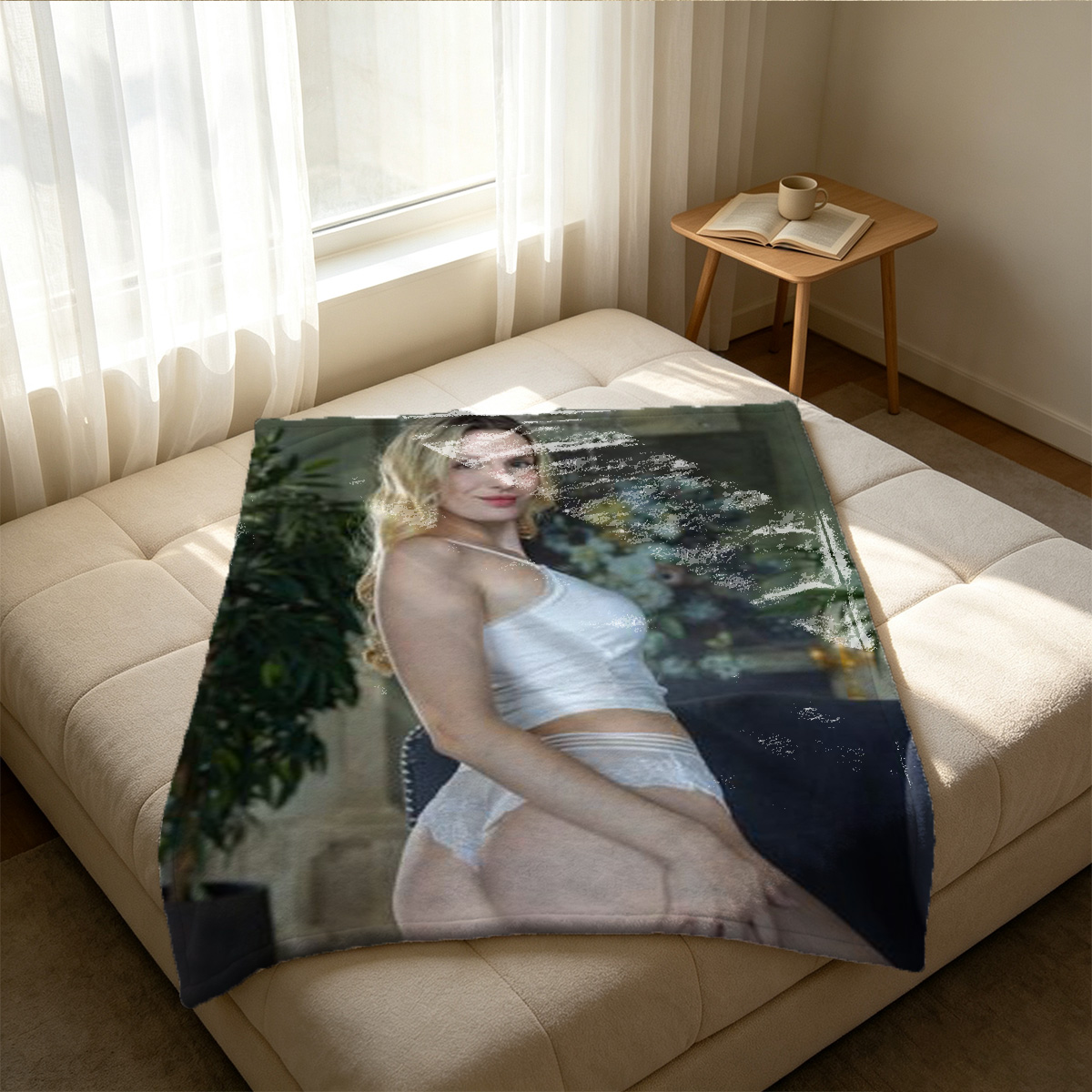 Nude Emily Willis sitting by the window in red lingerie panties. - Blanket