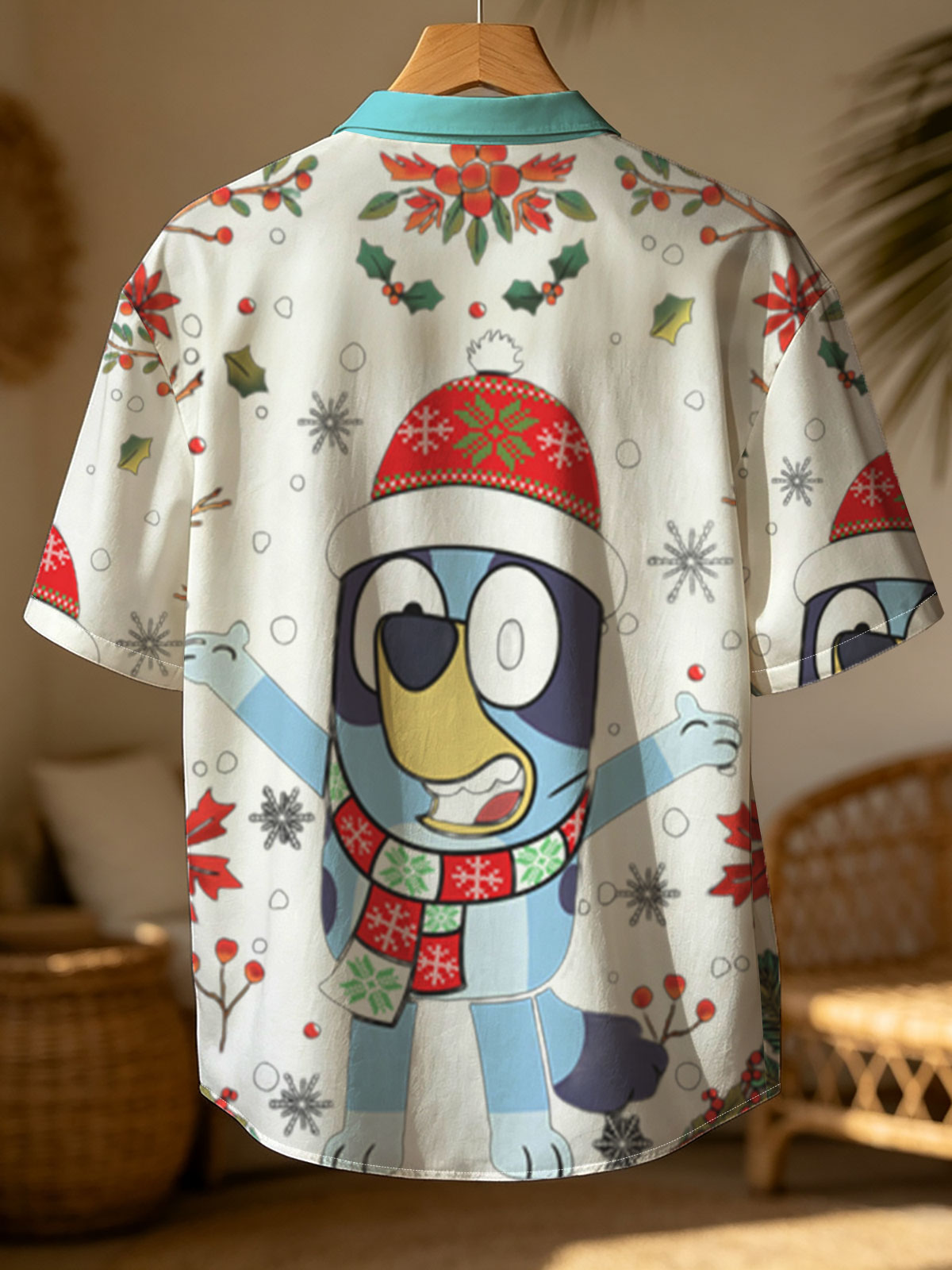 Bluey in Christmas Hat and Scarf, Festive Holiday Scene -  Shirt