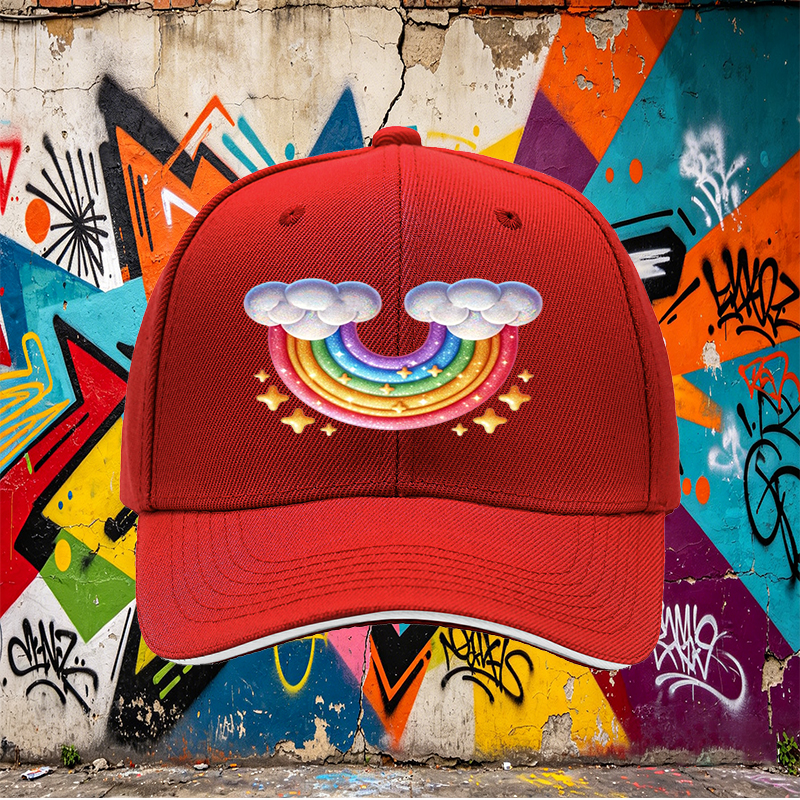 Unisex Classic Sandwich Hat with Rainbow and Cloud Print - Perfect for Outdoor Activities, Festivals, and Casual Wear - Ideal for Adults and Teens Seeking Fun, Colorful Headwear