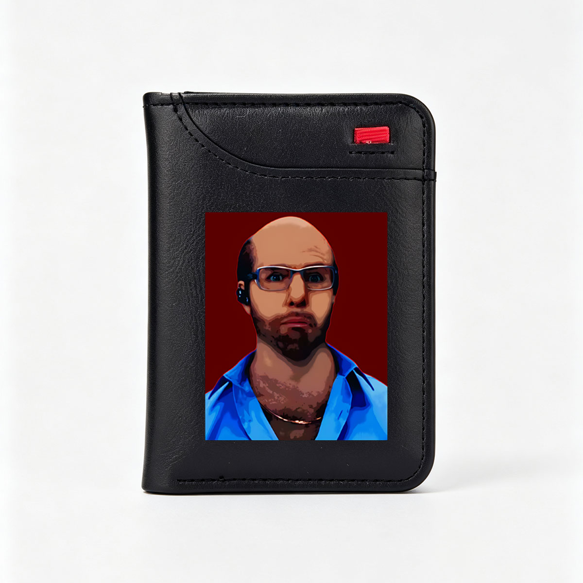 Bald Man with Glasses and Blue Shirt - Vertical Style Wallet