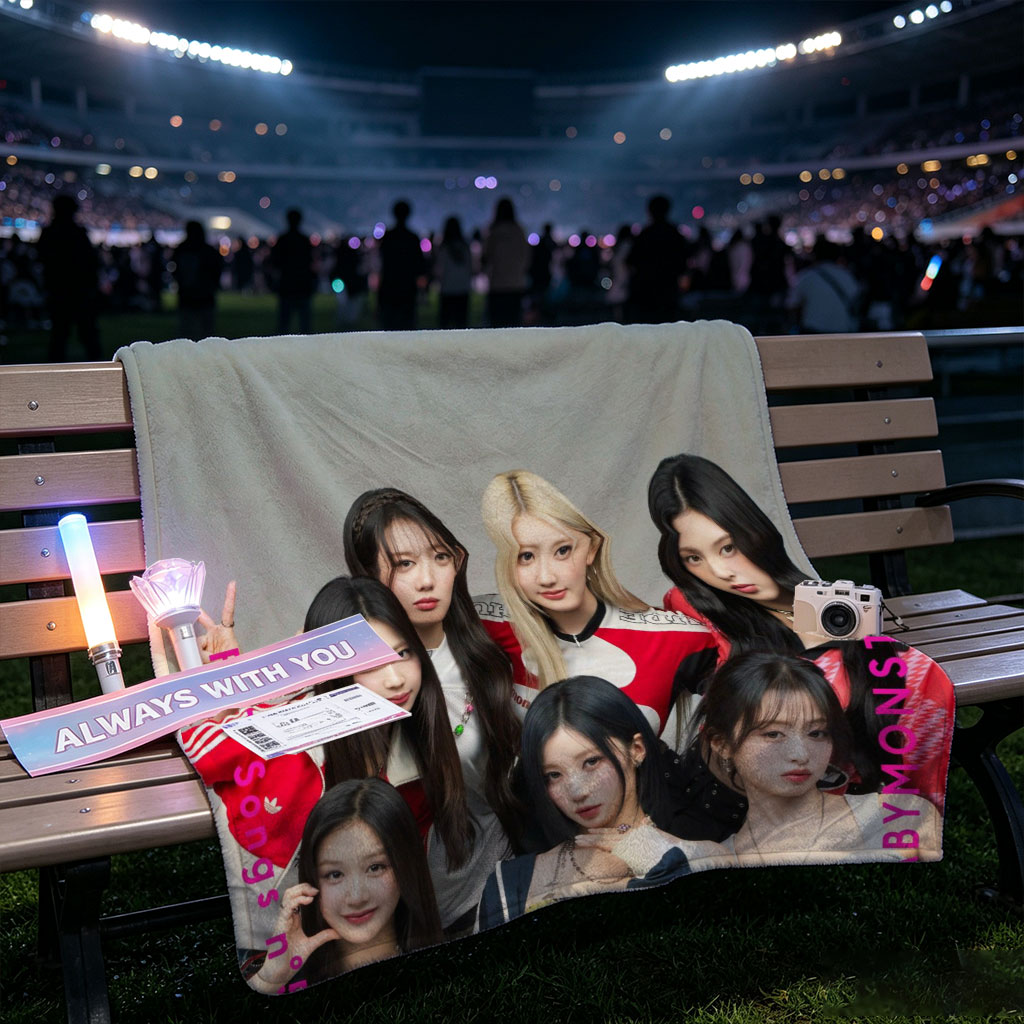 BABYMONSTER Group Photo - Seven Members Posing in Casual Outfits with Playful Expressions and Hand Gestures - Blankets