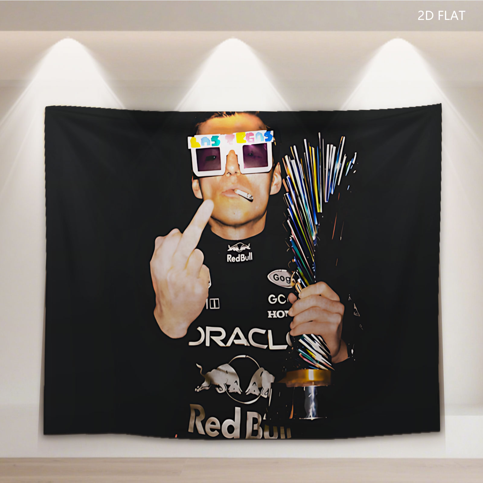 Max Verstappen in Red Bull Racing Gear with 3D Glasses and Cigar - Tapestry