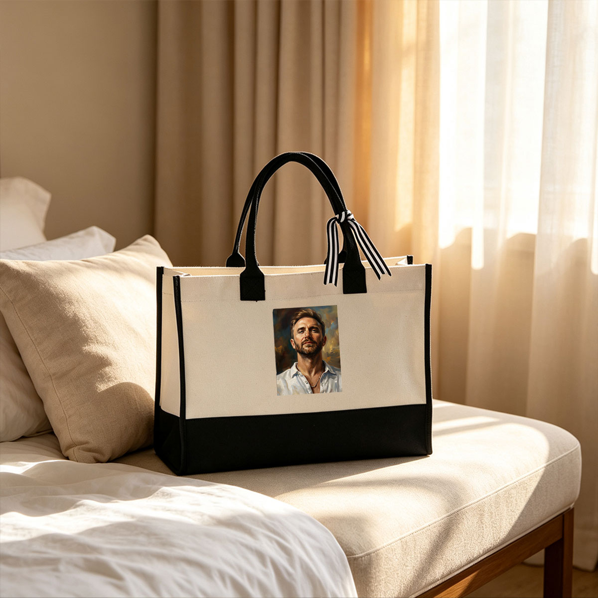 Portrait of a Man in White Shirt with Bearded Look - Canvas patchwork gift tote bag