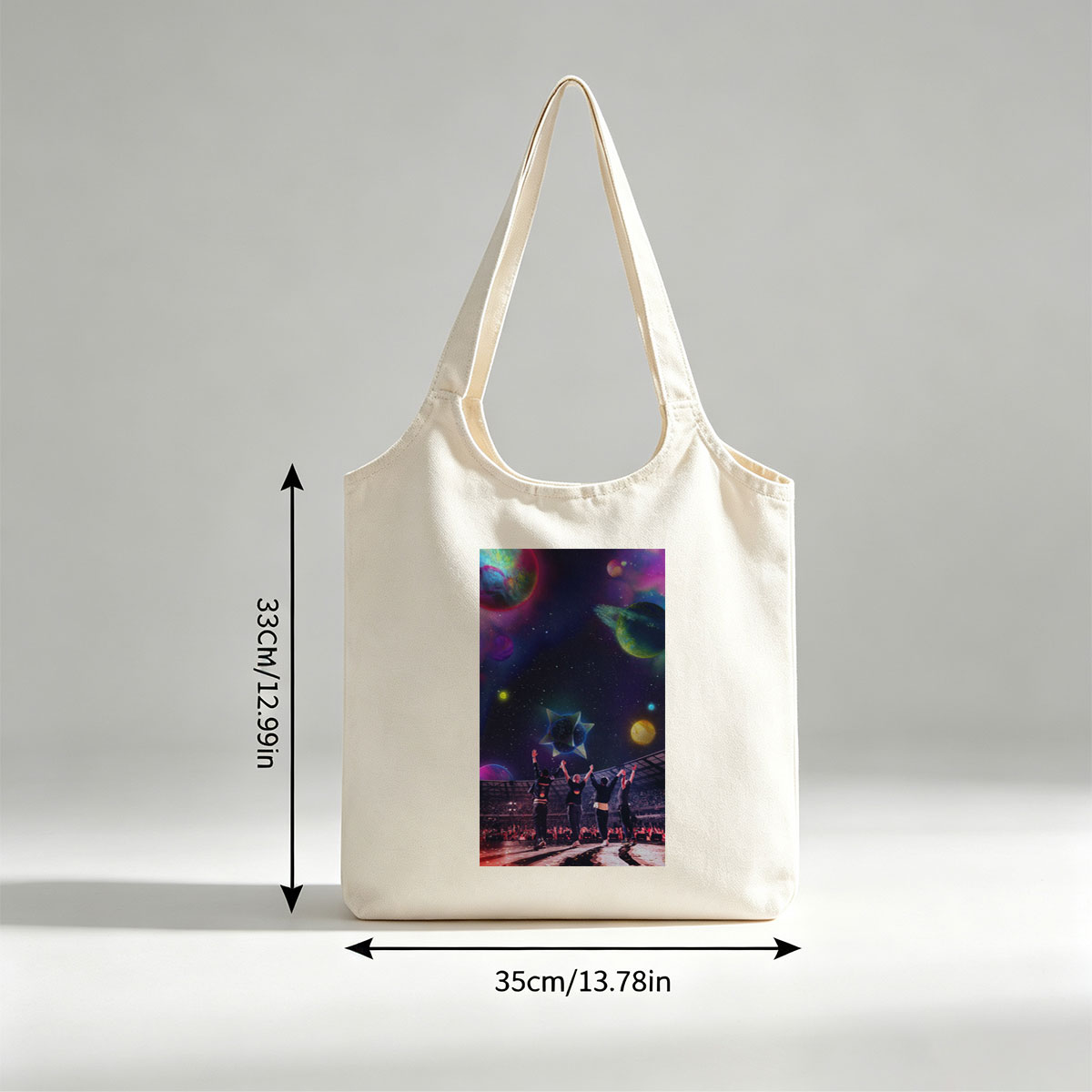 Coldplay Live Performance in a Cosmic Stadium with Vibrant Planets and Starry Sky Background - Canvas shoulder bags/