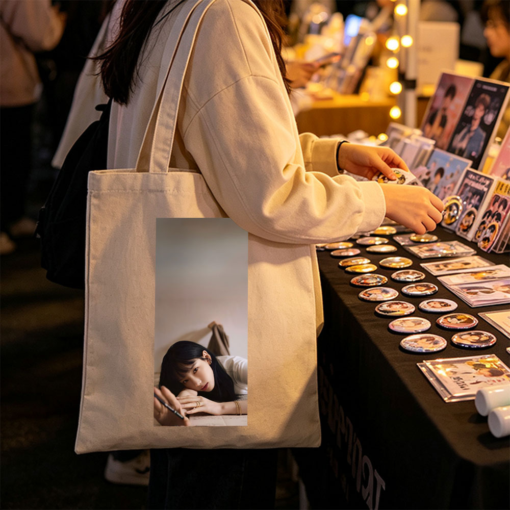 Kim Min-ji Lying on Floor Holding Pen in Soft Lighting Portrait - Canvas tote bags