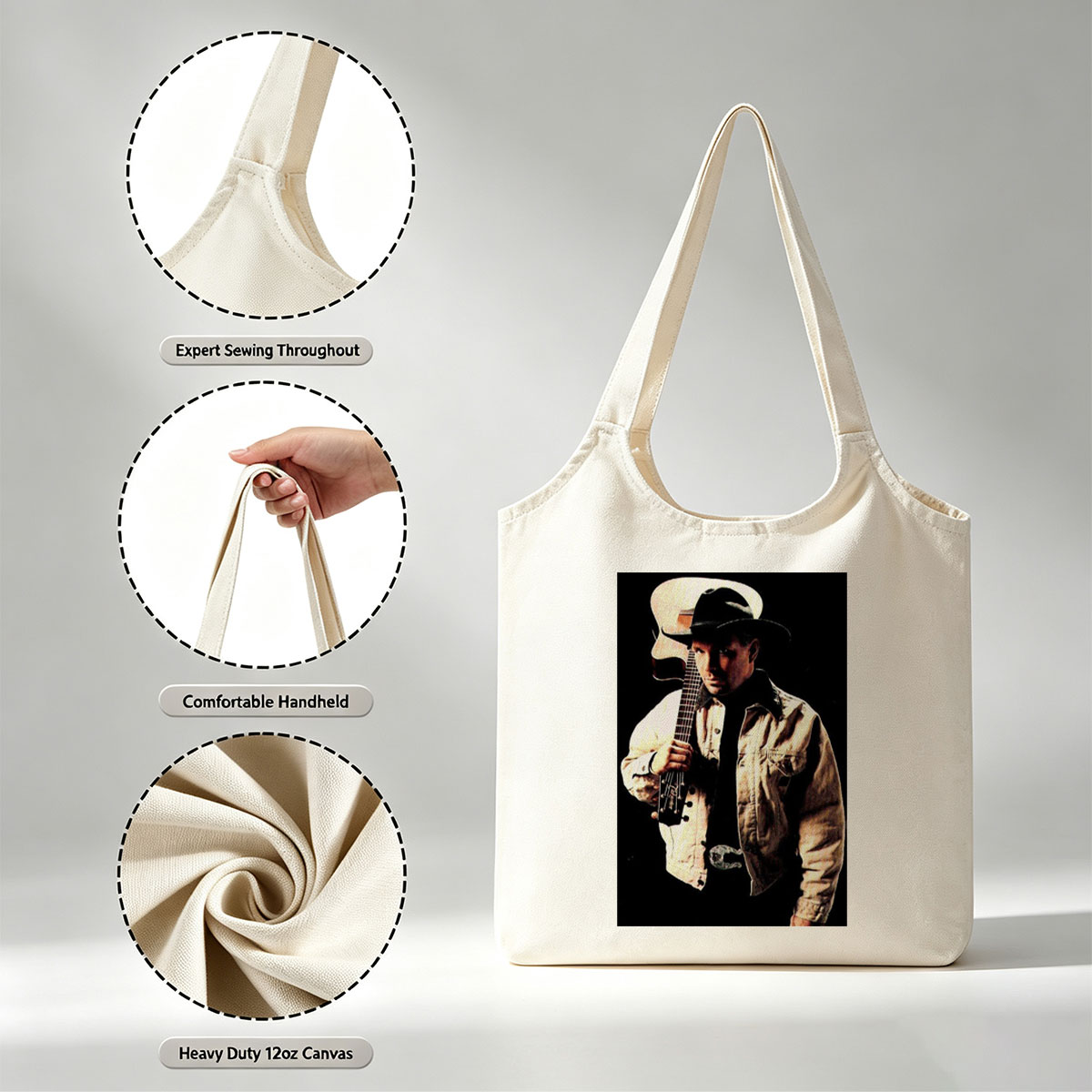 Garth Brook Holding Acoustic Guitar in Cowboy Attire Against Dark Background - Canvas shoulder bags/