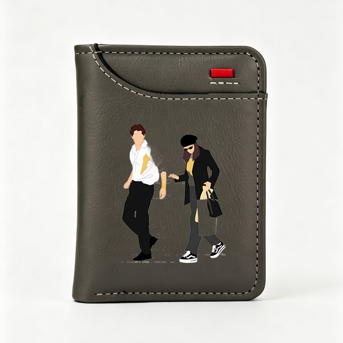 Fashion Duo in Urban Style: Man in White Shirt and Black Pants, Woman in Beret, Sunglasses, and Coat - Vertical Style Wallet