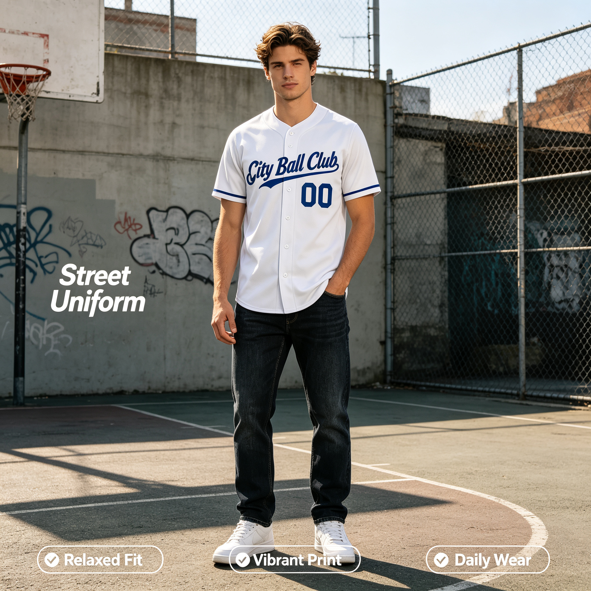 Custom Printed Kansas City Script Style Baseball Jersey White Royal Blue Trim Button Down Shirt for Men and Women