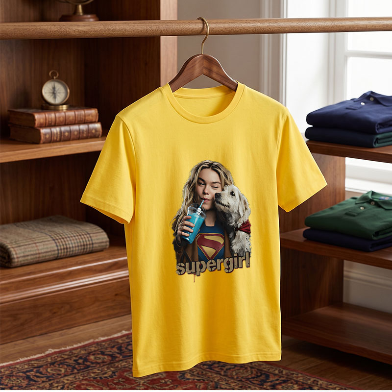 Supergirl with Dog and Blue Drink - Tee