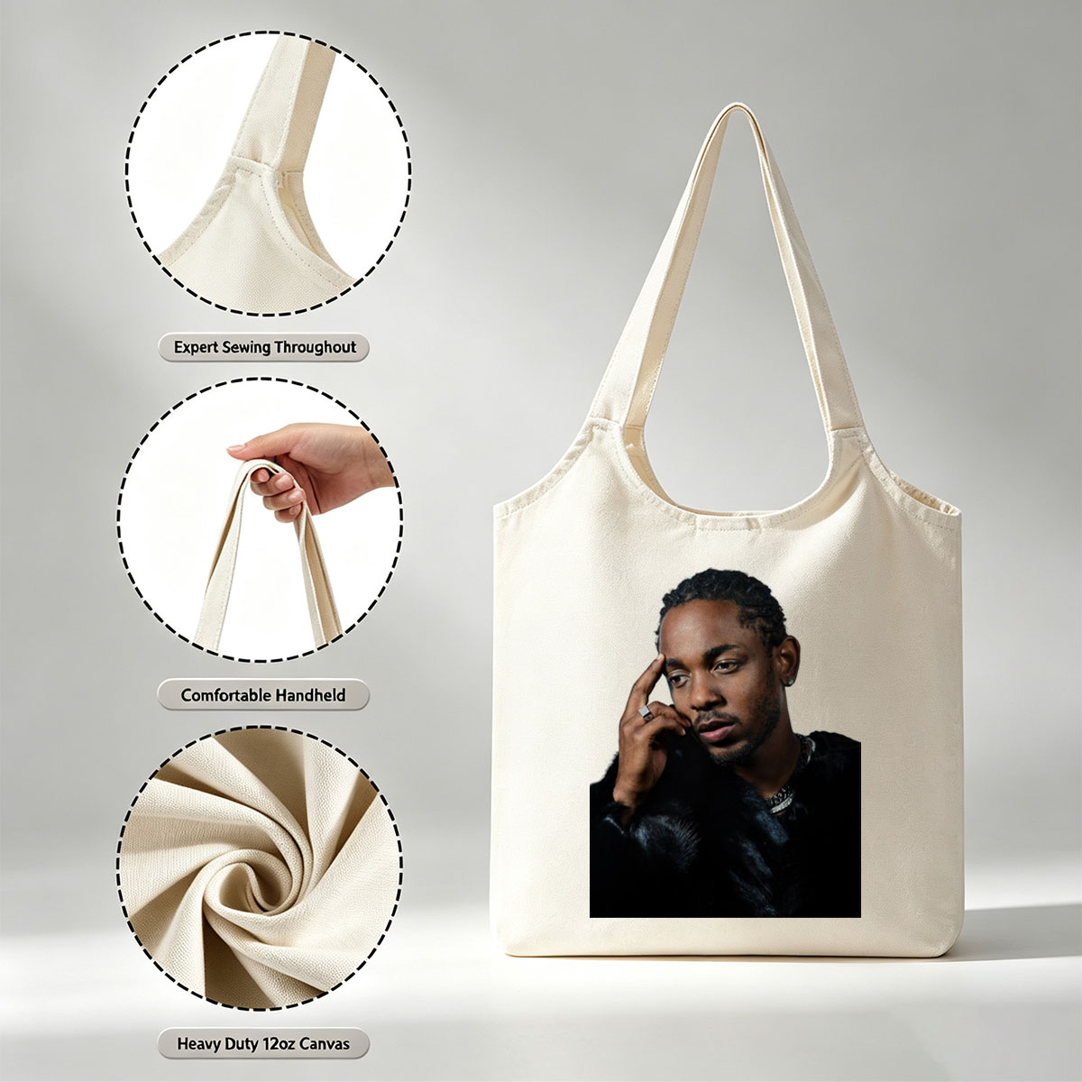 Kendrick Lamar in a Stylish Pose Wearing a Black Fur Coat and Silver Jewelry - Canvas shoulder bags/
