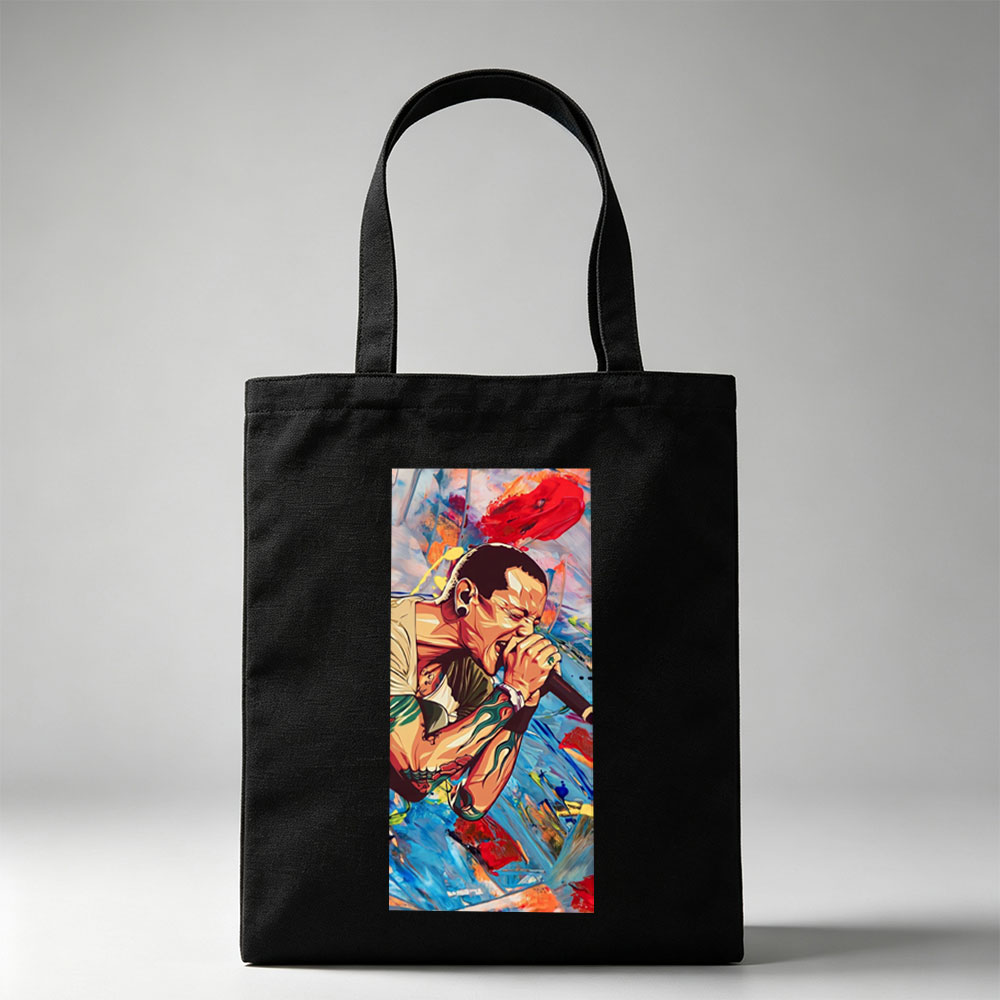 Chris Brown Singing into Microphone in Vibrant Abstract Art Style - Canvas tote bags