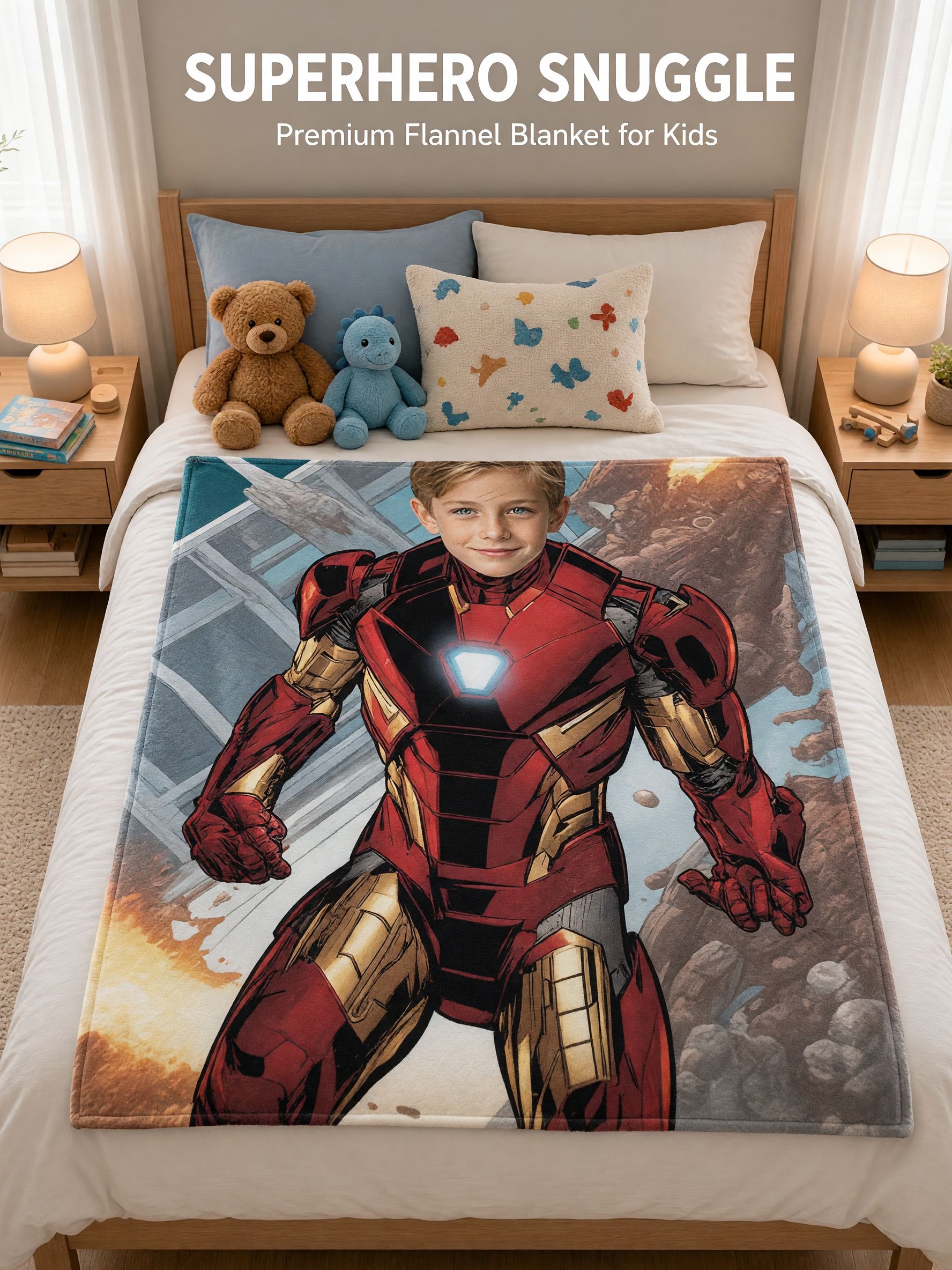 Custom Face Superhero Flannel Blanket, Personalized Photo Plush Throw for Kids and Adults, Cozy Bed and Couch Gift