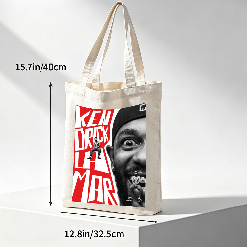 Ken Duck La Mar - Bold Red Text and Black-and-White Portrait with Miniature Figures on Face and Lettering - Canvas tote bags